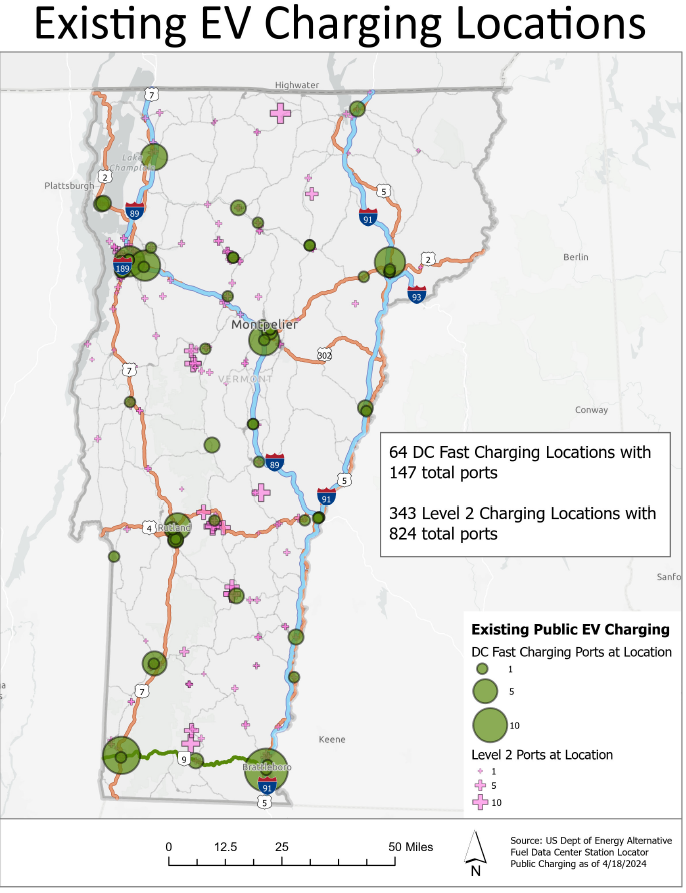 All-level EV charging sites in Vermont April 2024